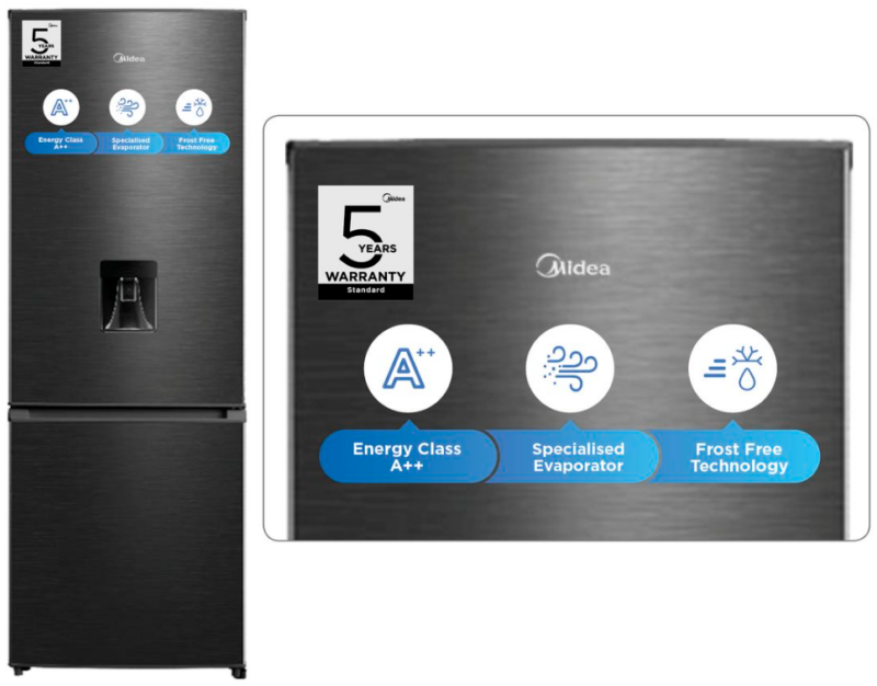 Midea 262L Bottom Freezer Fridge with Water Dispenser – Dark Grey
