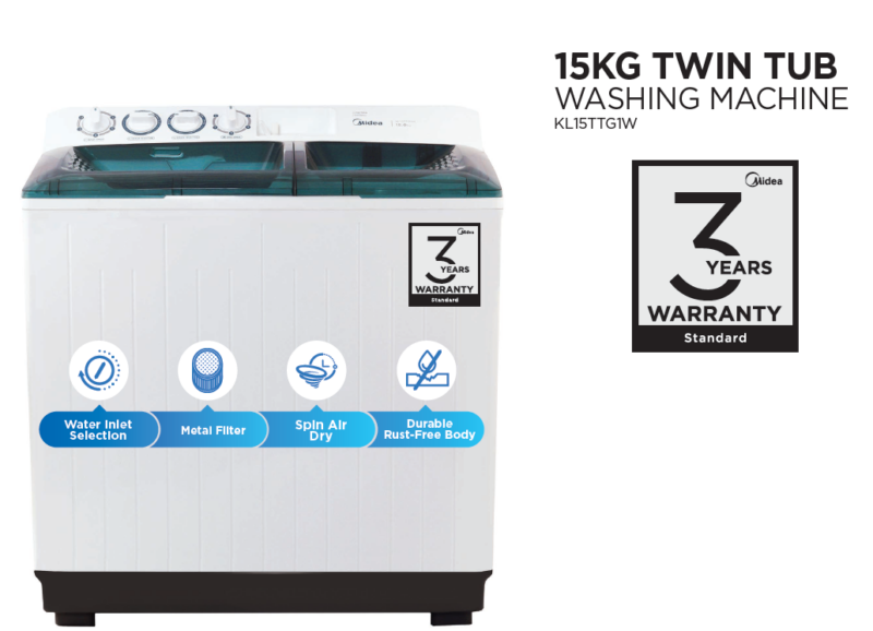 Midea 15kg Twin Tub Washing Machine – Pump Assisted – White